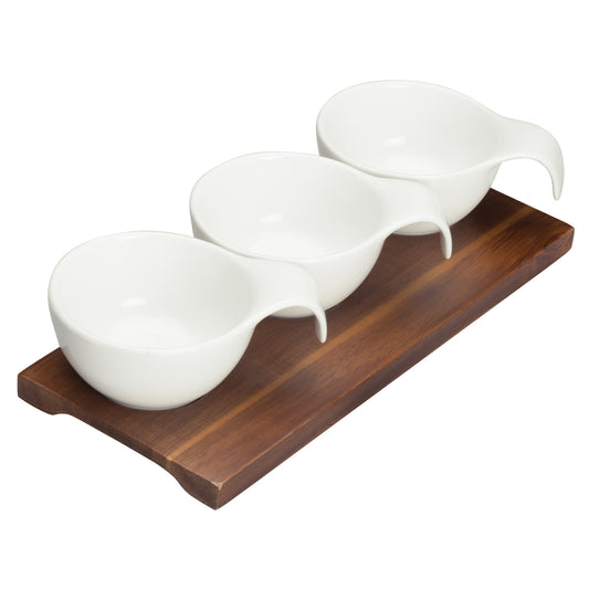 WDP015-102 - 9-3/8" x 4" Porcelain Trio Bowl Set with Wooden Plate, Brt White, 24 sets/case