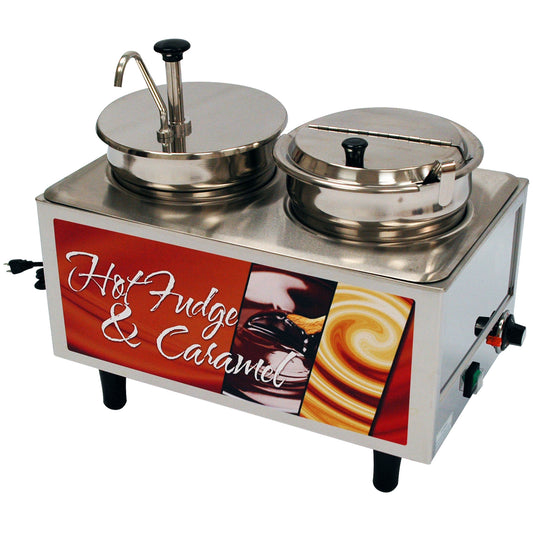 51073H - BenchmarkUSA "Hot Fudge & Caramel" Food Warmer - 1 Pump, 1 Ladle, 1 Lid