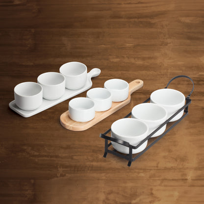 WDP015-102 - 9-3/8" x 4" Porcelain Trio Bowl Set with Wooden Plate, Brt White, 24 sets/case