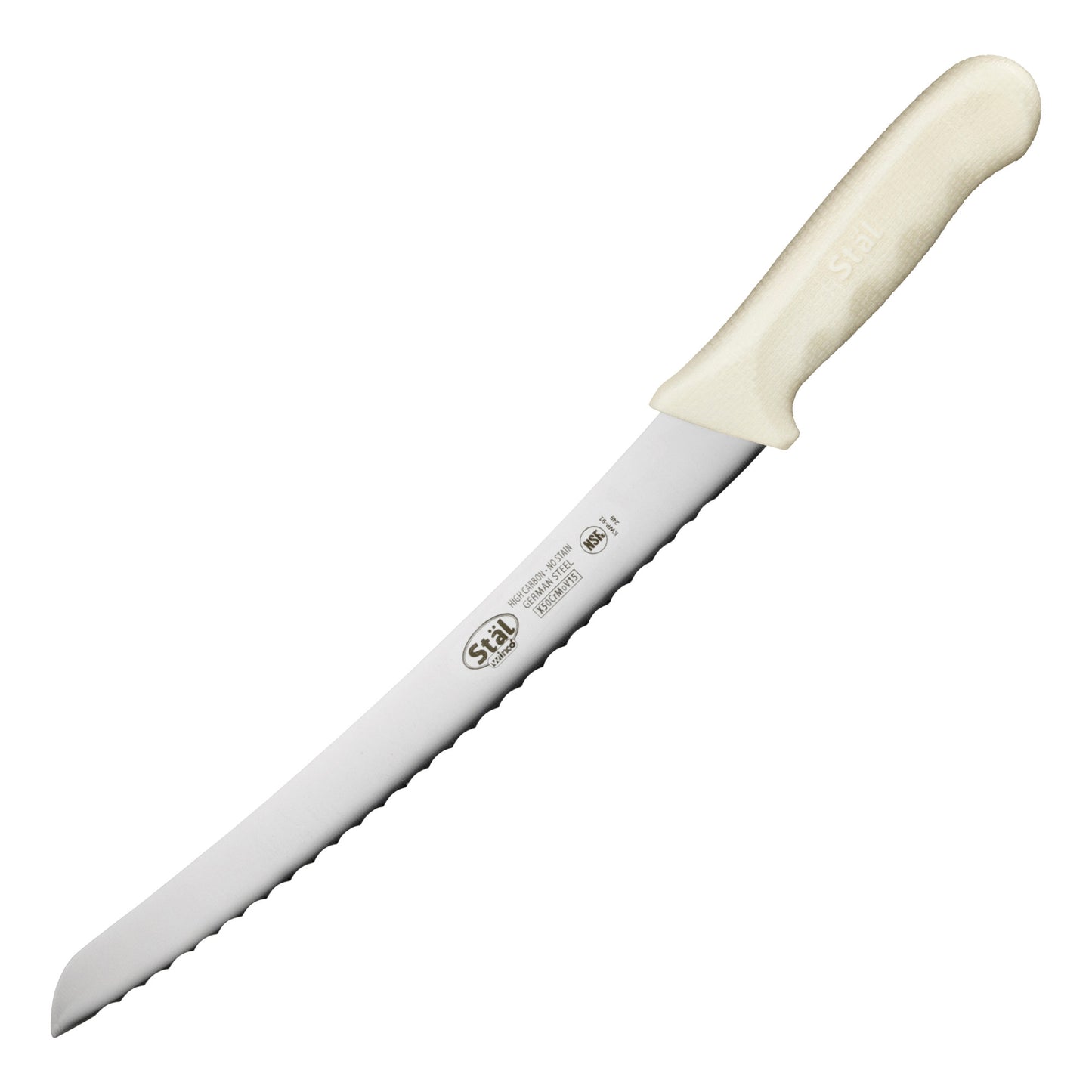 KWP-91 - 9-1/2" Bread Knife, White PP Hdl, Curved